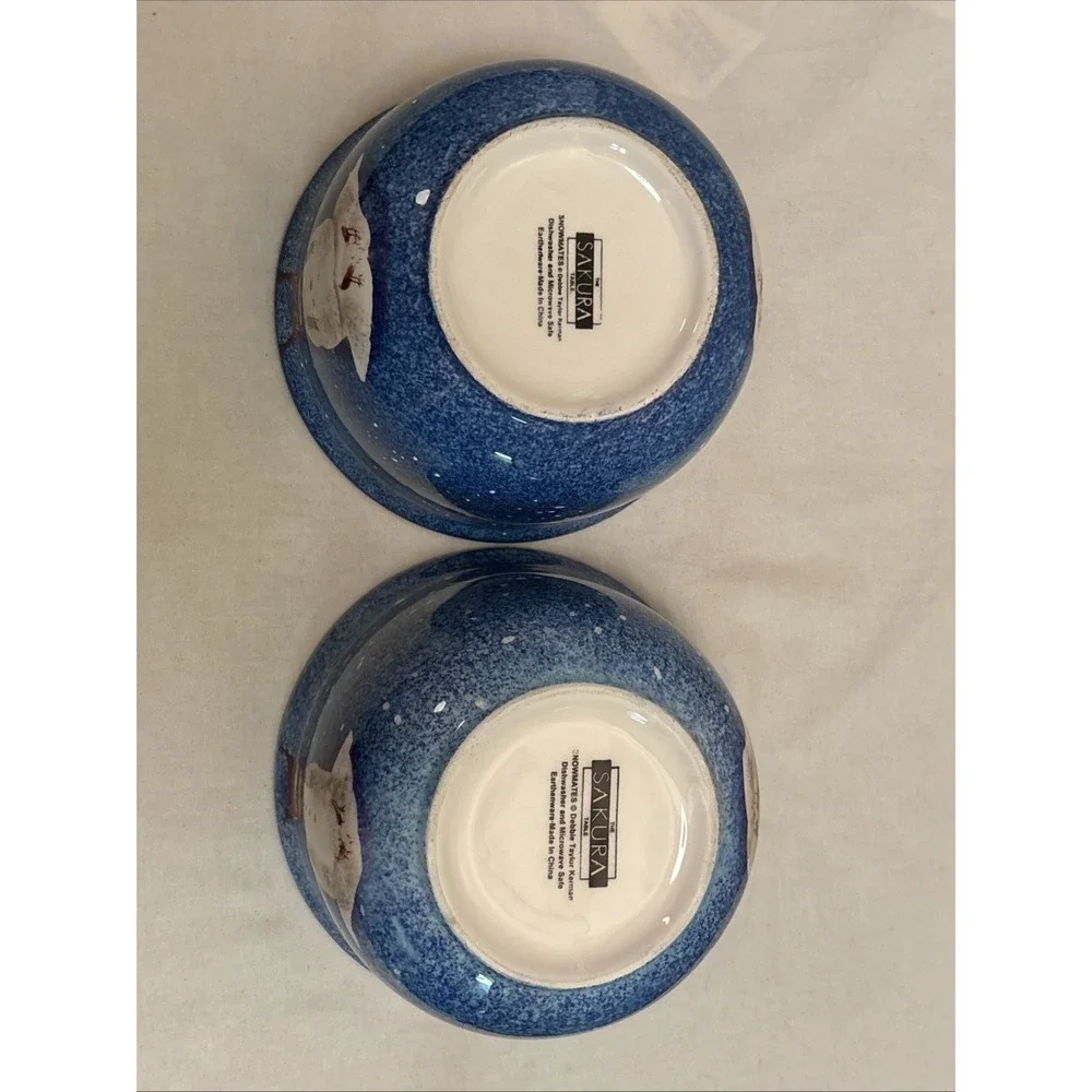 Sakura Table Snowmates Debbie Taylor Kerman 6in Blue Ceramic Snowman Bowls Set 2